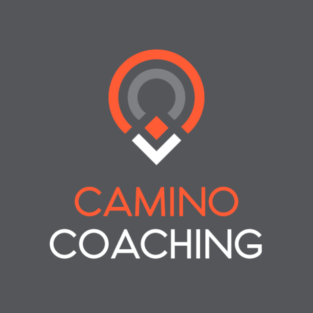 camino coaching logo with icon centred over text on grey background