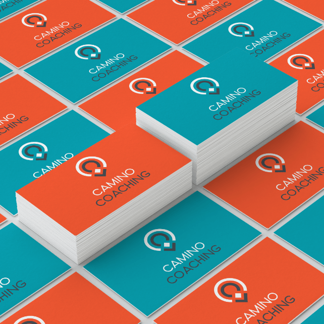 Rows of business cards displayed in turquoise and orange