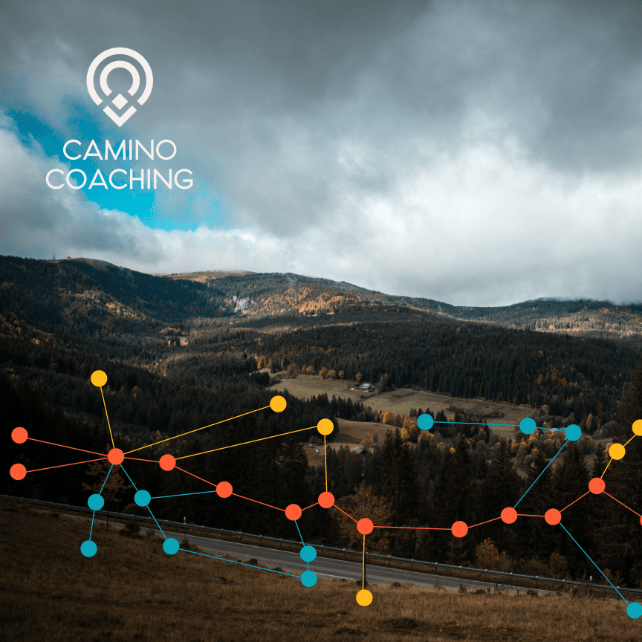 Camino coaching graphic elements of dots and lines overlayed on landscape photography