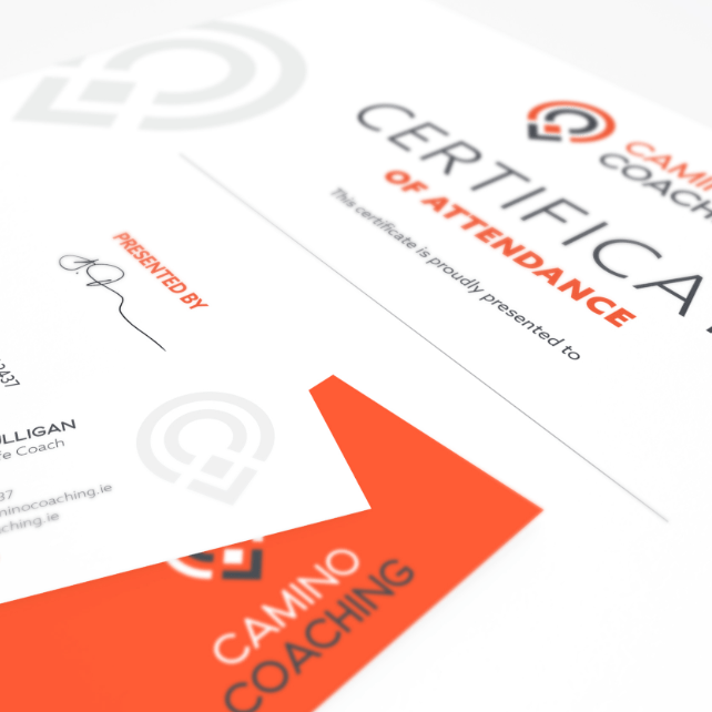 Camino Coaching Certificate of attendance printed on white background with business cards