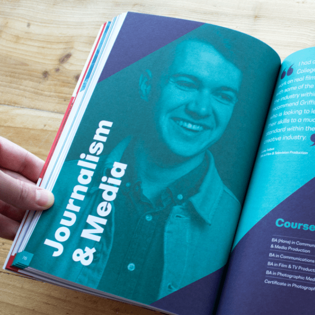 Griffith College prospectus open on journalism and media spread