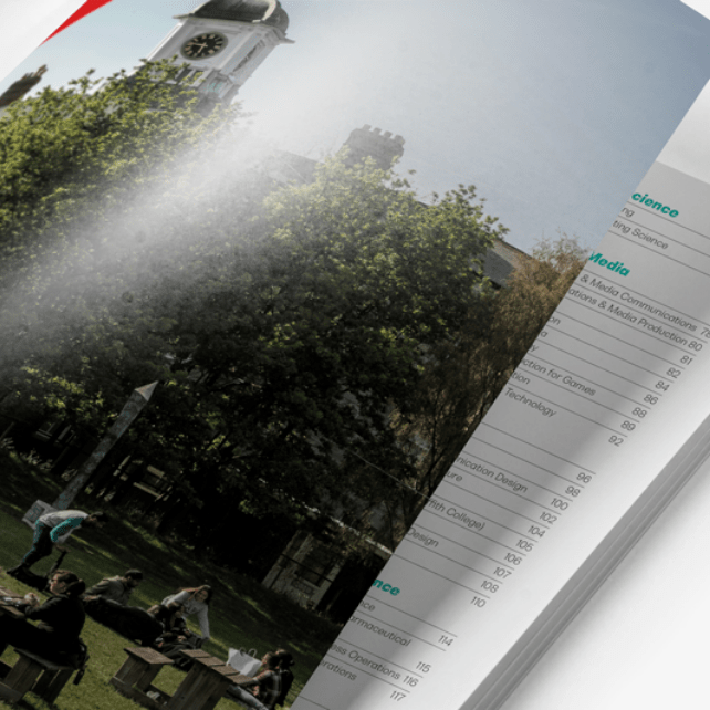 Griffith College prospectus open on image of Griffith College campus spread