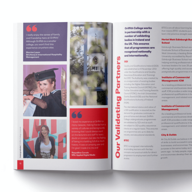 Griffith College prospectus open on our validating partners spread