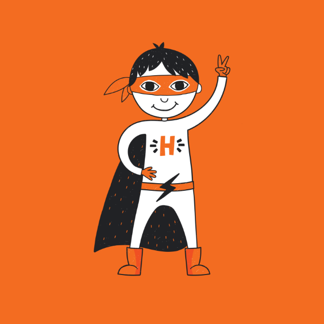 Hidden Heroes orange character illustration on solid orange background