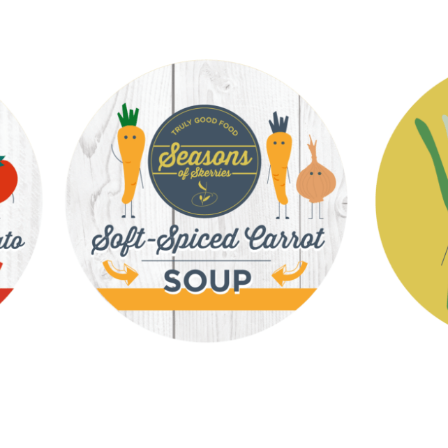 Illustrated top label of soup tub label design for Seasons of Skerries