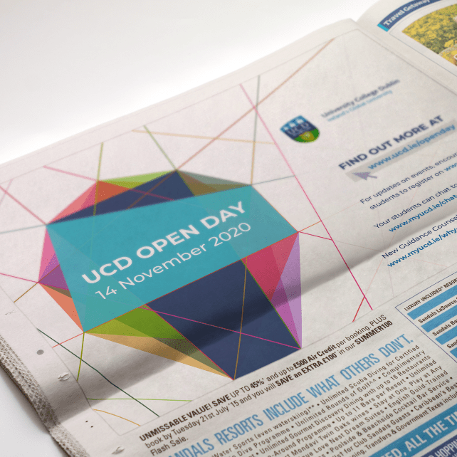 Newspaper advert showing UCD open day details