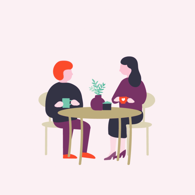 Animation of people talking over coffee at a table
