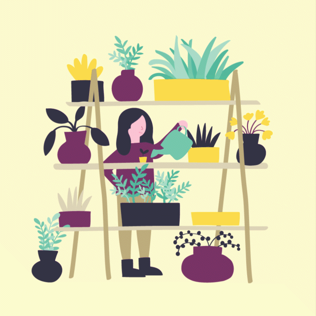Illustration of lady watering plants animated from walk annual report
