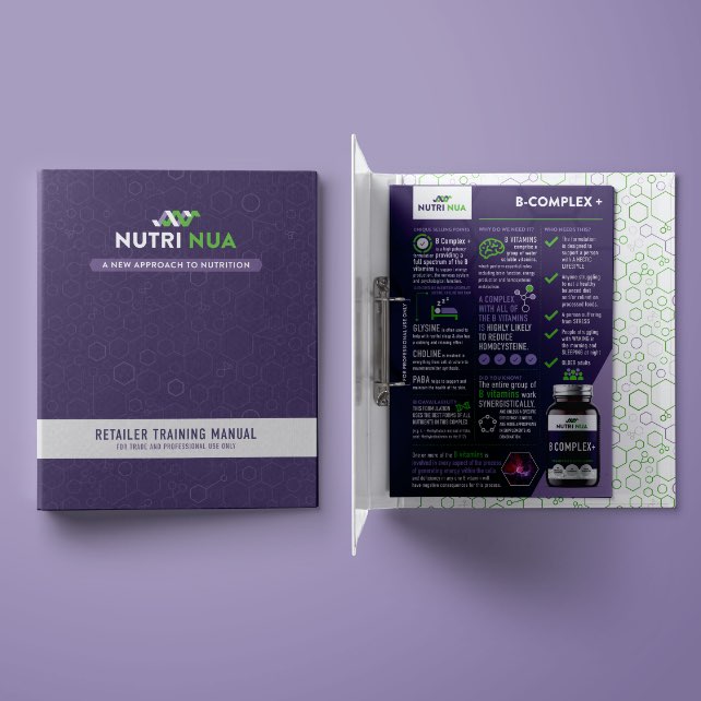 Nutri Nua brand design training folder with training sheets inserted on light purple background