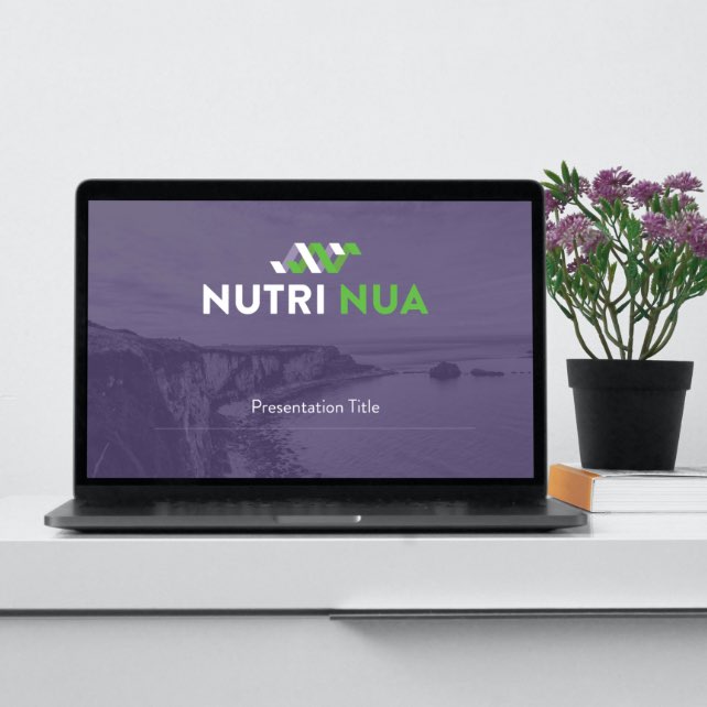 Nutri Nua presentation template on laptop on table with purple plant in the background