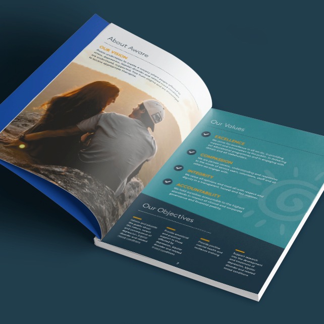 Aware Annual Report Spread 2019 on dark teal background