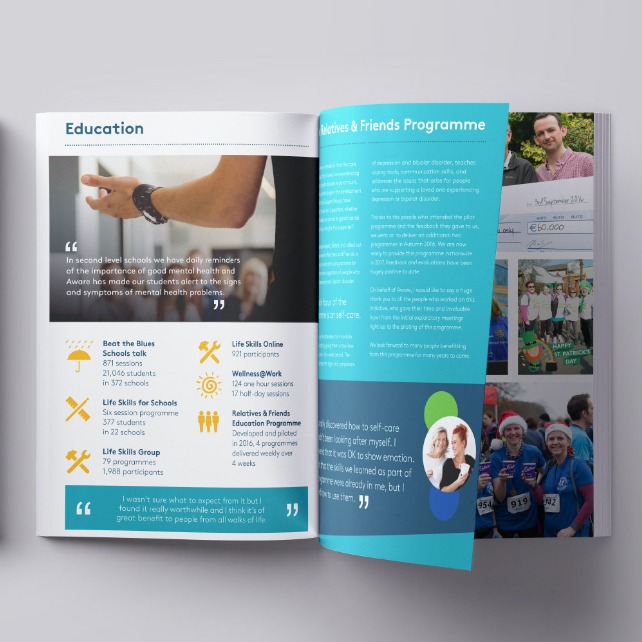 Aware Charity Northern Ireland flicking through annual report spread design 2019 on grey background
