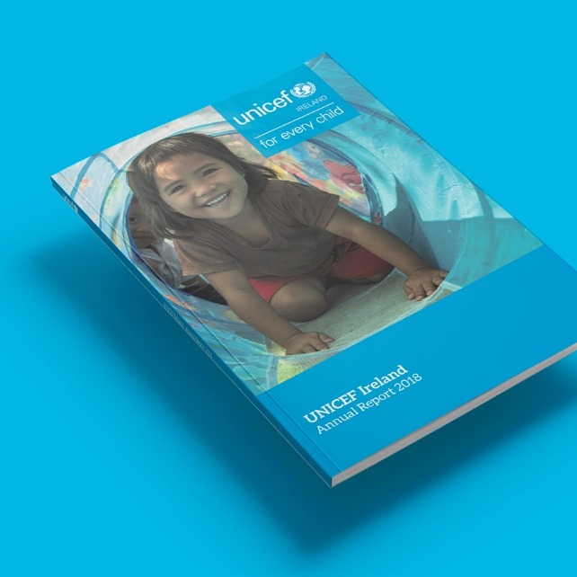 Unicef Ireland 2018 annual report front cover design on blue background