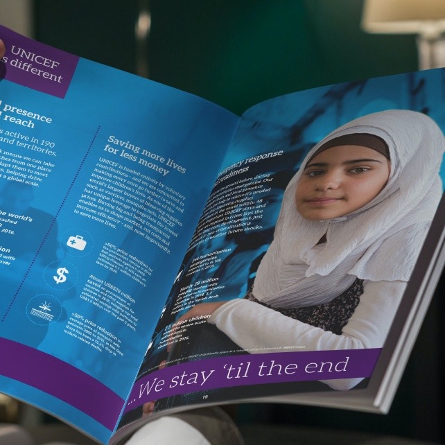 Unicef annual report spread design with infographic and image of girl