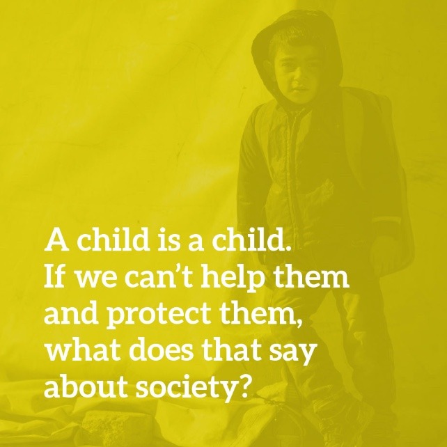 Unicef mission statement on yellow background with overlayed image of child