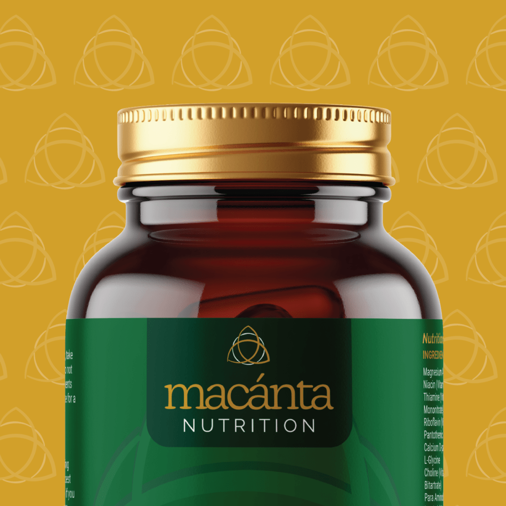 Close up of macanta logo on vitamin bottle label