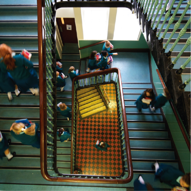 Overhead photo of Mount anville students on staircase